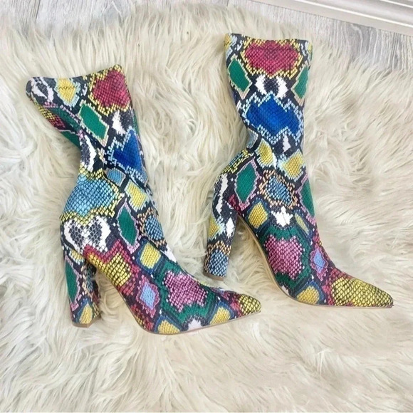 Rainbow multicolor snakeskin print fabric sock pointed boots 6.5 - Picture 1 of 5